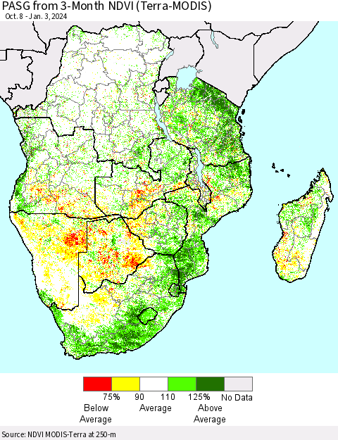 Southern Africa PASG from 3-Month NDVI (Terra-MODIS) Thematic Map For 12/27/2023 - 1/3/2024