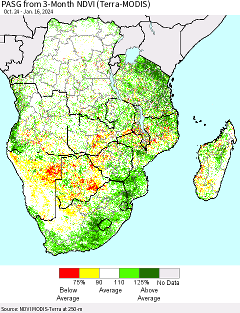 Southern Africa PASG from 3-Month NDVI (Terra-MODIS) Thematic Map For 1/9/2024 - 1/16/2024