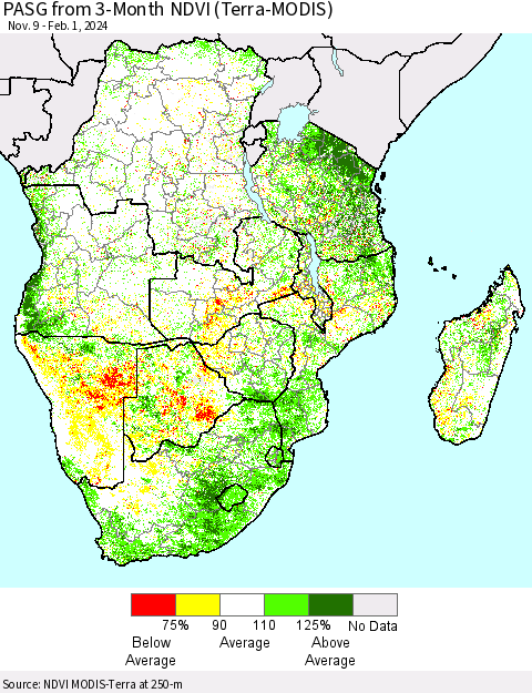 Southern Africa PASG from 3-Month NDVI (Terra-MODIS) Thematic Map For 1/25/2024 - 2/1/2024