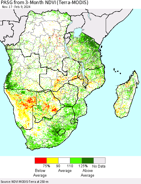 Southern Africa PASG from 3-Month NDVI (Terra-MODIS) Thematic Map For 2/2/2024 - 2/9/2024