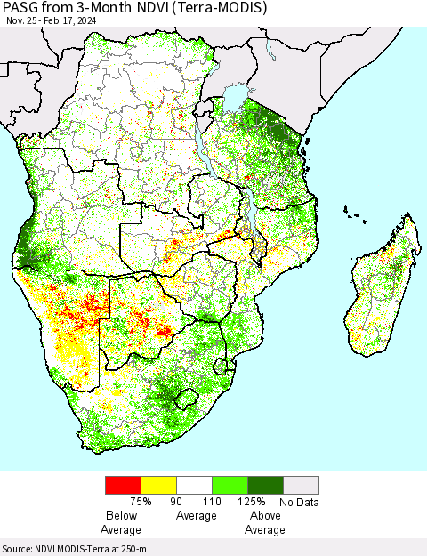Southern Africa PASG from 3-Month NDVI (Terra-MODIS) Thematic Map For 2/10/2024 - 2/17/2024