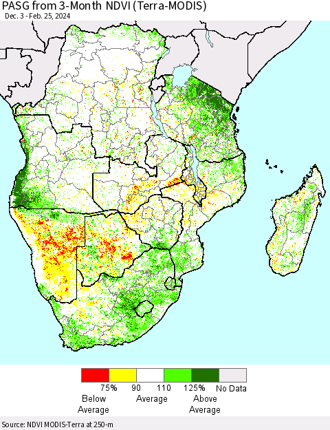 Southern Africa PASG from 3-Month NDVI (Terra-MODIS) Thematic Map For 2/18/2024 - 2/25/2024