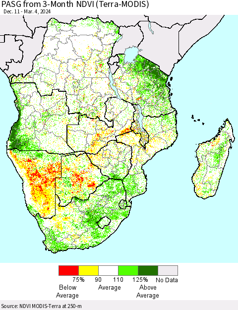 Southern Africa PASG from 3-Month NDVI (Terra-MODIS) Thematic Map For 2/26/2024 - 3/4/2024