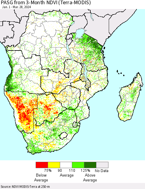 Southern Africa PASG from 3-Month NDVI (Terra-MODIS) Thematic Map For 3/21/2024 - 3/28/2024