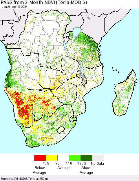 Southern Africa PASG from 3-Month NDVI (Terra-MODIS) Thematic Map For 3/29/2024 - 4/5/2024