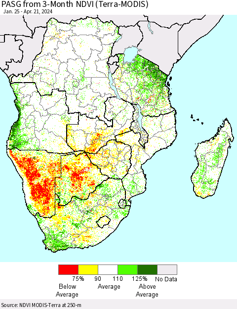 Southern Africa PASG from 3-Month NDVI (Terra-MODIS) Thematic Map For 4/14/2024 - 4/21/2024