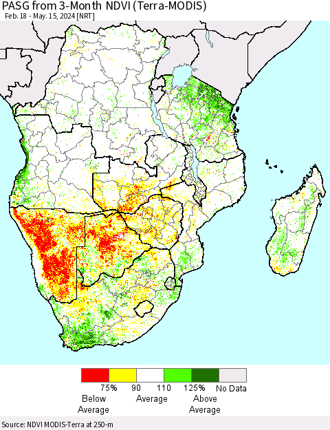 Southern Africa PASG from 3-Month NDVI (Terra-MODIS) Thematic Map For 5/8/2024 - 5/15/2024