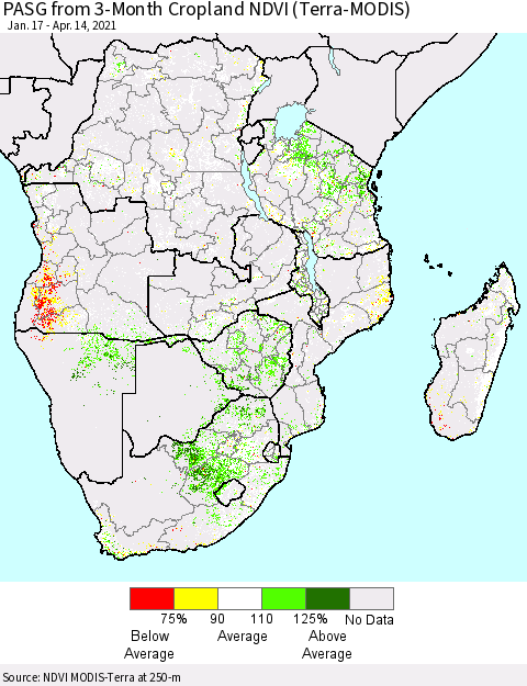 Southern Africa PASG from 3-Month Cropland NDVI (Terra-MODIS) Thematic Map For 4/7/2021 - 4/14/2021