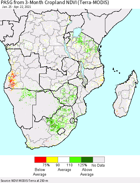 Southern Africa PASG from 3-Month Cropland NDVI (Terra-MODIS) Thematic Map For 4/15/2021 - 4/22/2021
