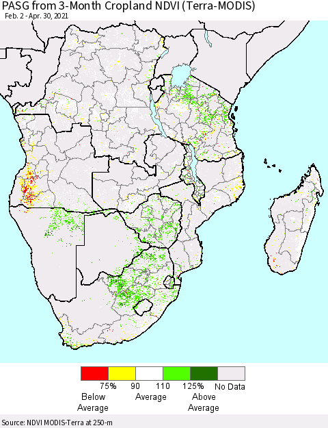 Southern Africa PASG from 3-Month Cropland NDVI (Terra-MODIS) Thematic Map For 4/23/2021 - 4/30/2021
