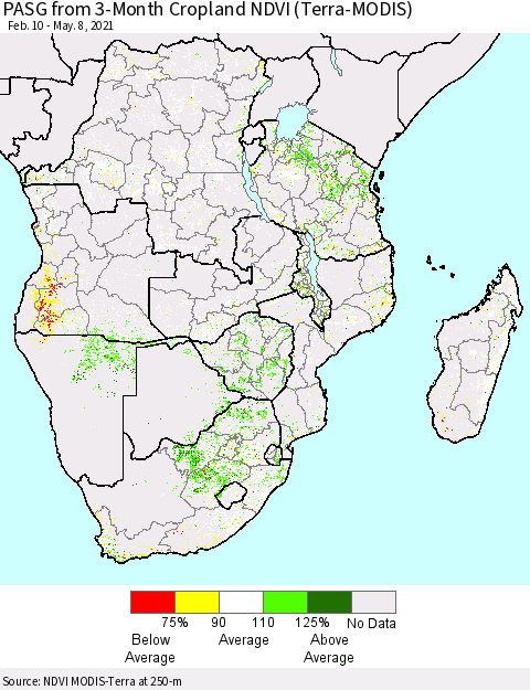 Southern Africa PASG from 3-Month Cropland NDVI (Terra-MODIS) Thematic Map For 5/1/2021 - 5/8/2021