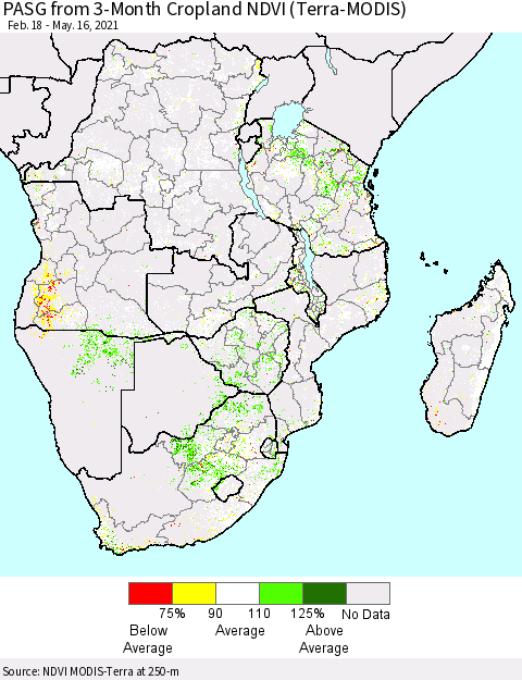 Southern Africa PASG from 3-Month Cropland NDVI (Terra-MODIS) Thematic Map For 5/9/2021 - 5/16/2021