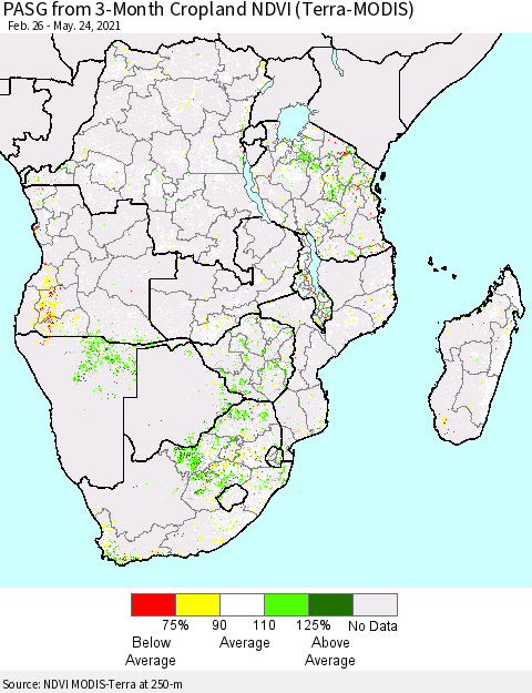 Southern Africa PASG from 3-Month Cropland NDVI (Terra-MODIS) Thematic Map For 5/17/2021 - 5/24/2021