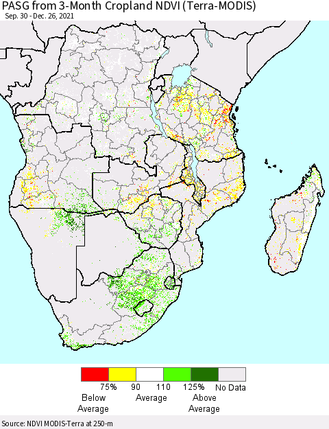 Southern Africa PASG from 3-Month Cropland NDVI (Terra-MODIS) Thematic Map For 12/19/2021 - 12/26/2021