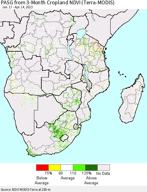 Southern Africa PASG from 3-Month Cropland NDVI (Terra-MODIS) Thematic Map For 4/7/2023 - 4/14/2023