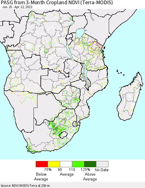 Southern Africa PASG from 3-Month Cropland NDVI (Terra-MODIS) Thematic Map For 4/15/2023 - 4/22/2023