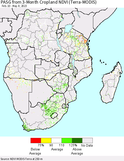 Southern Africa PASG from 3-Month Cropland NDVI (Terra-MODIS) Thematic Map For 5/1/2023 - 5/8/2023