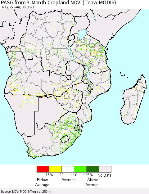 Southern Africa PASG from 3-Month Cropland NDVI (Terra-MODIS) Thematic Map For 8/13/2023 - 8/20/2023