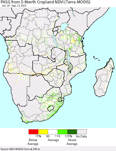 Southern Africa PASG from 3-Month Cropland NDVI (Terra-MODIS) Thematic Map For 9/6/2023 - 9/13/2023