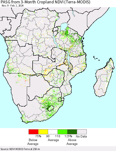 Southern Africa PASG from 3-Month Cropland NDVI (Terra-MODIS) Thematic Map For 1/25/2024 - 2/1/2024