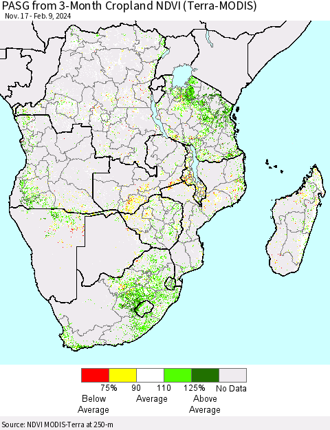 Southern Africa PASG from 3-Month Cropland NDVI (Terra-MODIS) Thematic Map For 2/2/2024 - 2/9/2024