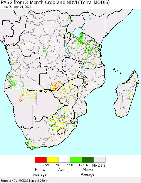 Southern Africa PASG from 3-Month Cropland NDVI (Terra-MODIS) Thematic Map For 4/14/2024 - 4/21/2024