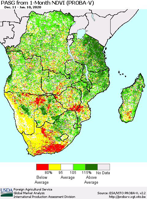 Southern Africa PASG from 1-Month NDVI (PROBA-V) Thematic Map For 1/1/2020 - 1/10/2020