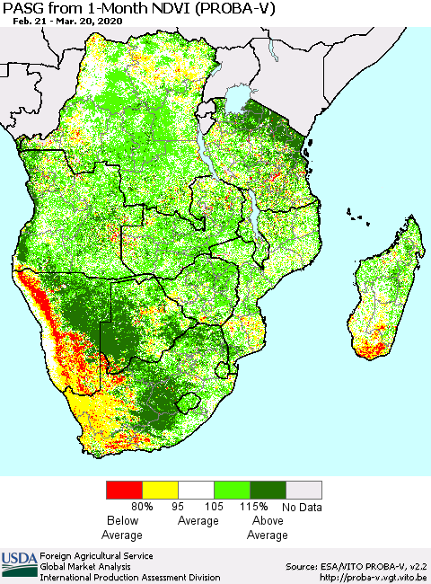 Southern Africa PASG from 1-Month NDVI (PROBA-V) Thematic Map For 3/11/2020 - 3/20/2020