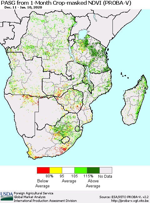 Southern Africa PASG from 1-Month Crop-masked NDVI (PROBA-V) Thematic Map For 1/1/2020 - 1/10/2020