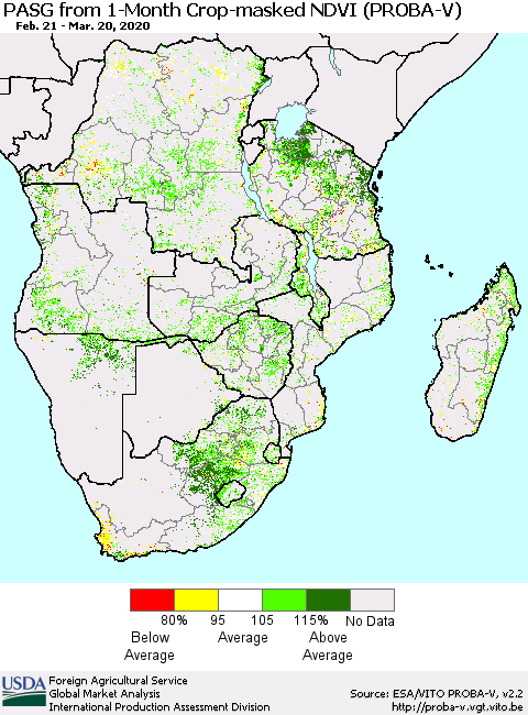 Southern Africa PASG from 1-Month Crop-masked NDVI (PROBA-V) Thematic Map For 3/11/2020 - 3/20/2020
