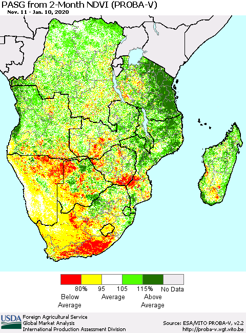 Southern Africa PASG from 2-Month NDVI (PROBA-V) Thematic Map For 1/1/2020 - 1/10/2020