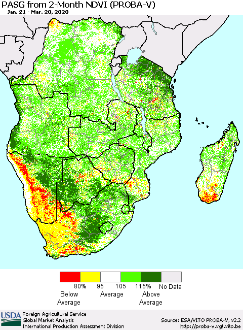 Southern Africa PASG from 2-Month NDVI (PROBA-V) Thematic Map For 3/11/2020 - 3/20/2020