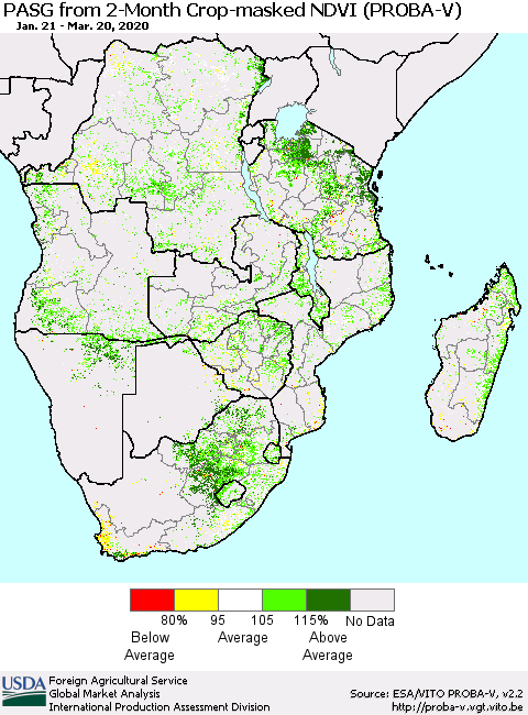 Southern Africa PASG from 2-Month Crop-masked NDVI (PROBA-V) Thematic Map For 3/11/2020 - 3/20/2020