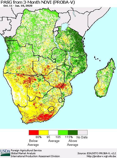 Southern Africa PASG from 3-Month NDVI (PROBA-V) Thematic Map For 1/1/2020 - 1/10/2020