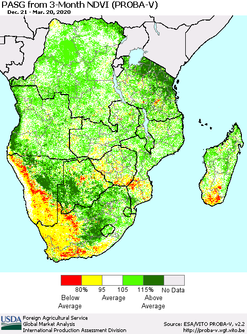 Southern Africa PASG from 3-Month NDVI (PROBA-V) Thematic Map For 3/11/2020 - 3/20/2020