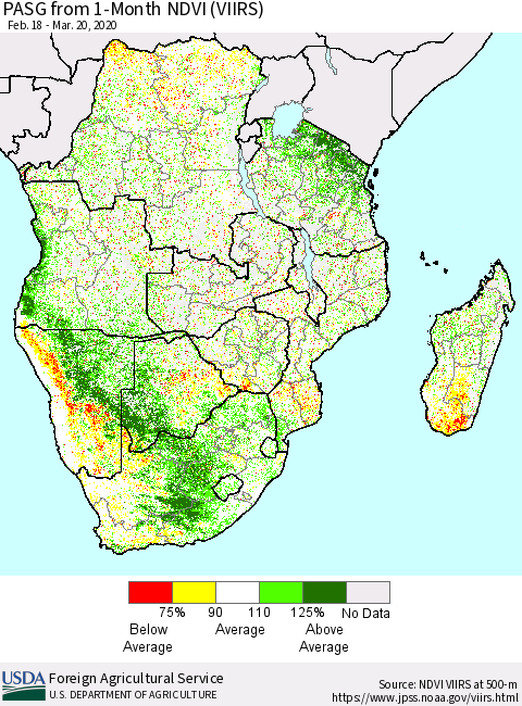 Southern Africa PASG from 1-Month NDVI (VIIRS) Thematic Map For 3/11/2020 - 3/20/2020