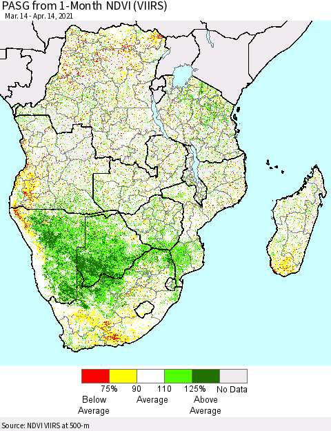 Southern Africa PASG from 1-Month NDVI (VIIRS) Thematic Map For 4/7/2021 - 4/14/2021