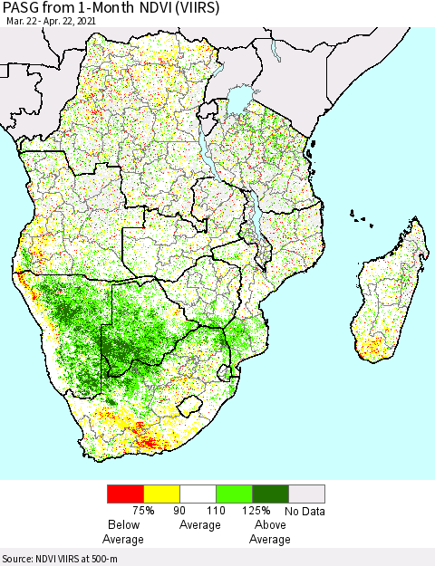 Southern Africa PASG from 1-Month NDVI (VIIRS) Thematic Map For 4/15/2021 - 4/22/2021