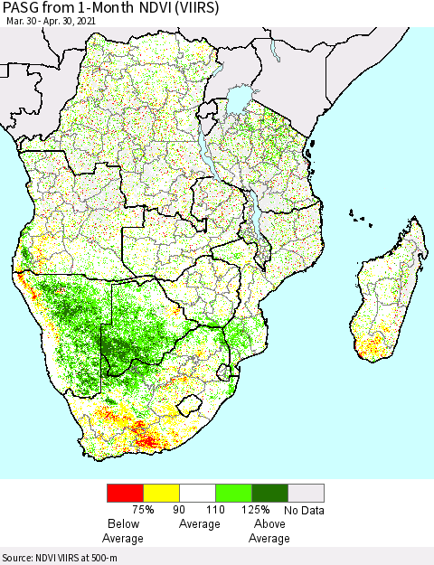 Southern Africa PASG from 1-Month NDVI (VIIRS) Thematic Map For 4/23/2021 - 4/30/2021