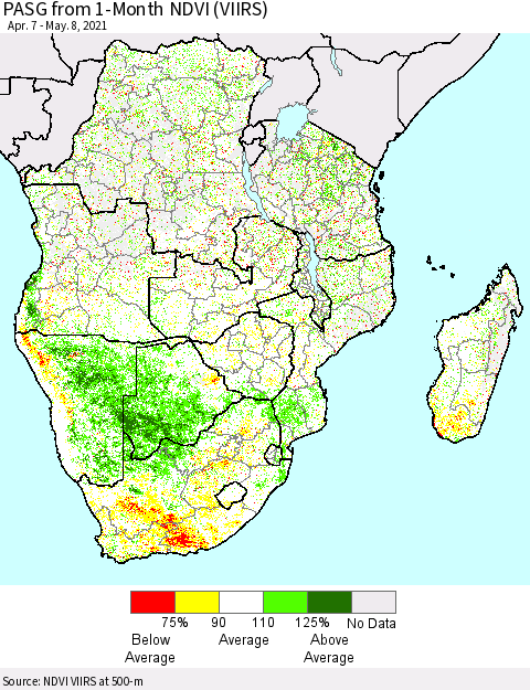 Southern Africa PASG from 1-Month NDVI (VIIRS) Thematic Map For 5/1/2021 - 5/8/2021
