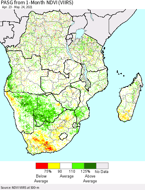 Southern Africa PASG from 1-Month NDVI (VIIRS) Thematic Map For 5/17/2021 - 5/24/2021