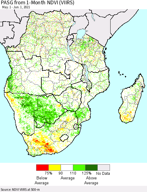 Southern Africa PASG from 1-Month NDVI (VIIRS) Thematic Map For 5/25/2021 - 6/1/2021