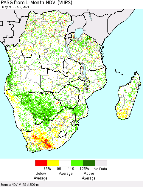 Southern Africa PASG from 1-Month NDVI (VIIRS) Thematic Map For 6/2/2021 - 6/9/2021