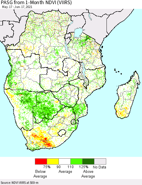 Southern Africa PASG from 1-Month NDVI (VIIRS) Thematic Map For 6/10/2021 - 6/17/2021