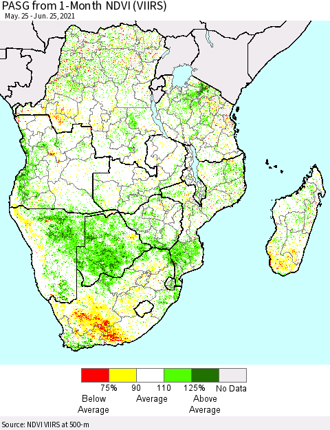 Southern Africa PASG from 1-Month NDVI (VIIRS) Thematic Map For 6/18/2021 - 6/25/2021