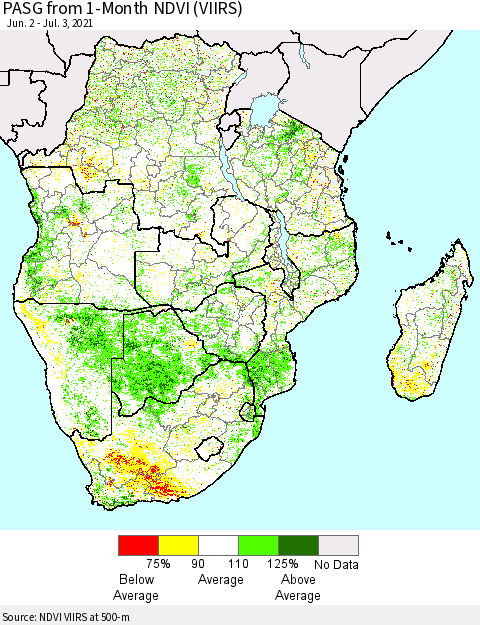 Southern Africa PASG from 1-Month NDVI (VIIRS) Thematic Map For 6/26/2021 - 7/3/2021