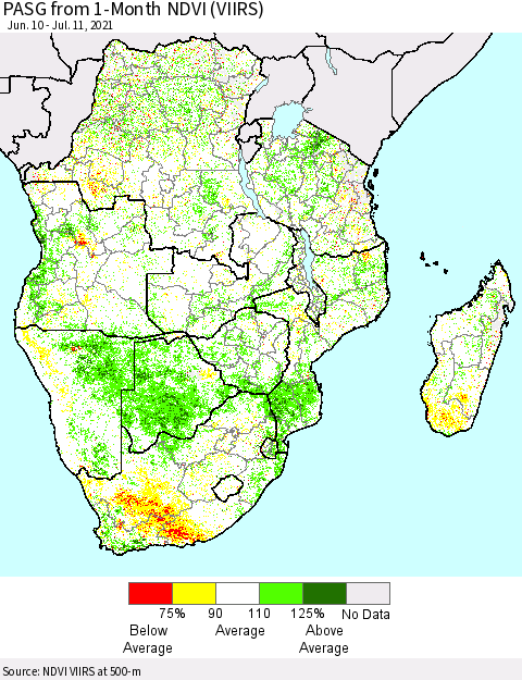Southern Africa PASG from 1-Month NDVI (VIIRS) Thematic Map For 7/4/2021 - 7/11/2021