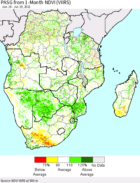 Southern Africa PASG from 1-Month NDVI (VIIRS) Thematic Map For 7/12/2021 - 7/19/2021
