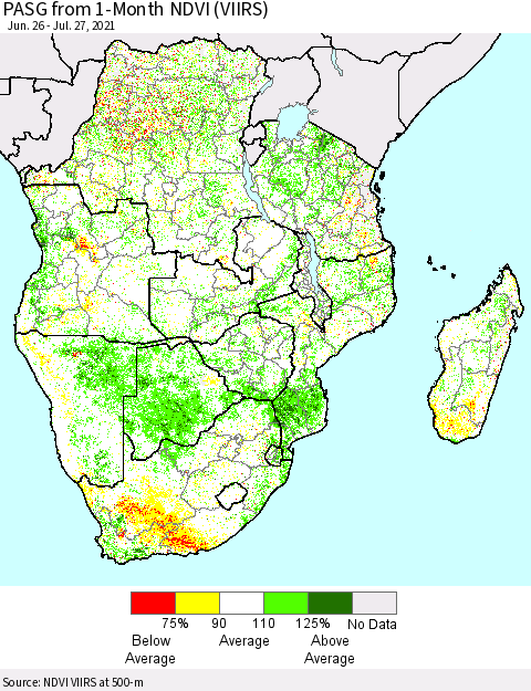 Southern Africa PASG from 1-Month NDVI (VIIRS) Thematic Map For 7/20/2021 - 7/27/2021