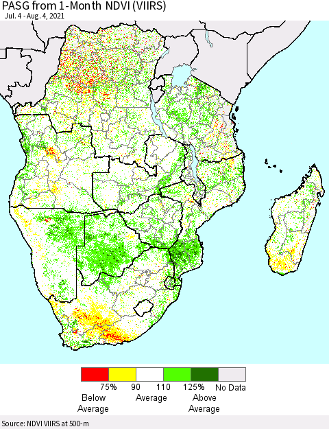 Southern Africa PASG from 1-Month NDVI (VIIRS) Thematic Map For 7/28/2021 - 8/4/2021